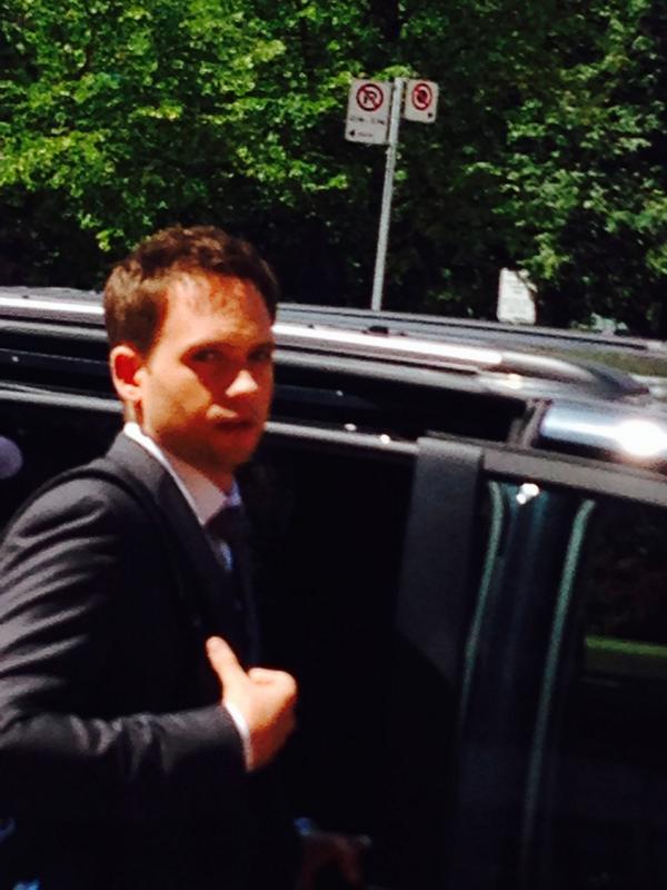 parnkn's tweet photo. Just ran into Patrick J Adams @halfadams filming outside my office... Great smile on my face now #perfectlytimed http://t.co/WDok2371da