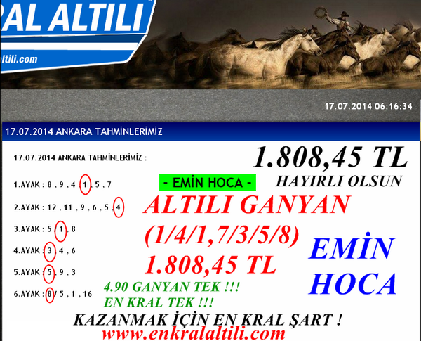 EN KRAL ALTILIDAN BİR ALTILI BAŞARISI DAHA !1.808.45 TL !!!
KÜÇÜK KURGULARA TEK ÖNERİLEN AMATÖR 4.90 GANYANLA KAZANDI