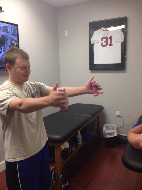 mikereinold's tweet photo. ha ha, intense effort! “RT @OBroadbent3: Gettin work done w/ 1lb pink DBs #3WeeksDone #tommyjohn @ChampionPTP http://t.co/zcQqQt6Wfu