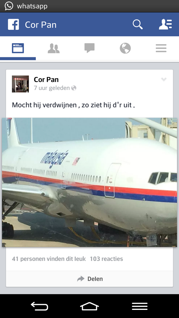 D_Gloudemans's tweet photo. Bizar, vanmorgen er nog een grap over maken, nu niet meer leven.. #MH17 #MalaysiaAirlines http://t.co/vJTEYHuyQF