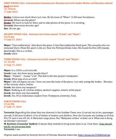 Here's my translation of all 4 calls released by Kyiv. Pro-Russian terrorists are sure they shot the plane #boing777