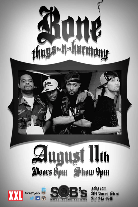 XXL's tweet photo. Bone Thugs-N-Harmony To Perform At @SOBs In NYC On August 11!  http://t.co/iFJzwAreRJ cc: @LeRoyBenros http://t.co/7ZxRK3fjlX