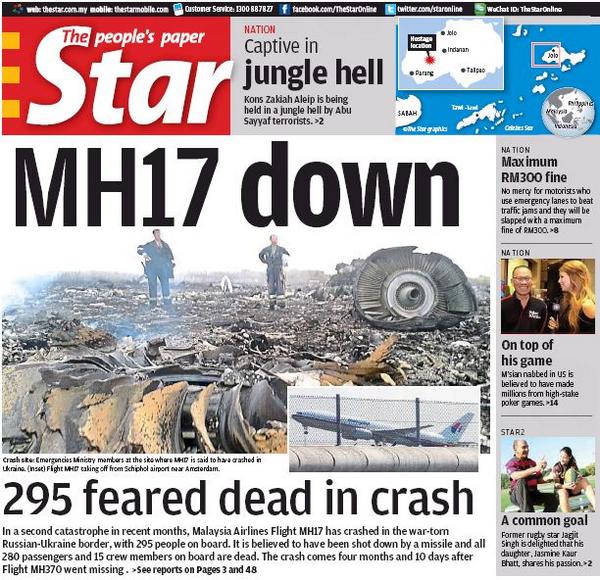 Paperboy On Twitter Mh17 Front Page Of Malaysia S Star Newspaper Staronline Http T Co 5kekfs4tau