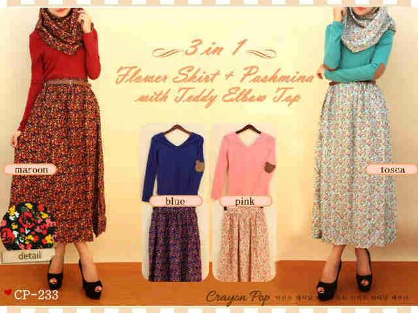 CheckThisOutOS's tweet image. Code:CP-233 • #3in1 flower skirt + pashmina (rayon) + elbow teddy top (spandek)•Fit to L•Rp 115,000 (NO BELT) #hijab
