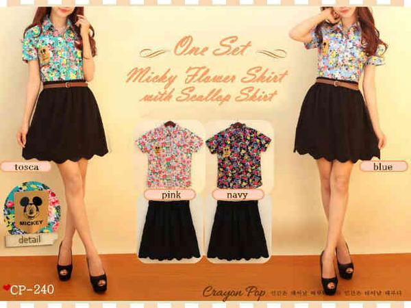 CheckThisOutOS's tweet image. Code:CP-240 •#1set mickey flower shirt (cotton stretch) + scallop skirt (twiscone) • Fit to L •Rp 89,000 (FREE BELT)