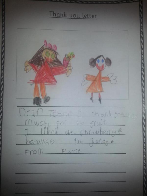 Florrie's thankyou letter for East Rd for supplying fruit to promote healthy eating,  <a href="/Ria_Tomlinson/">Ria Tomlinson</a>