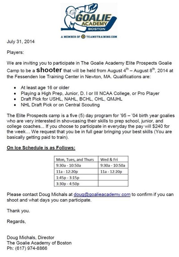 The Goalie Academy is looking for players to shoot during next week's camp! Check out the picture for details!