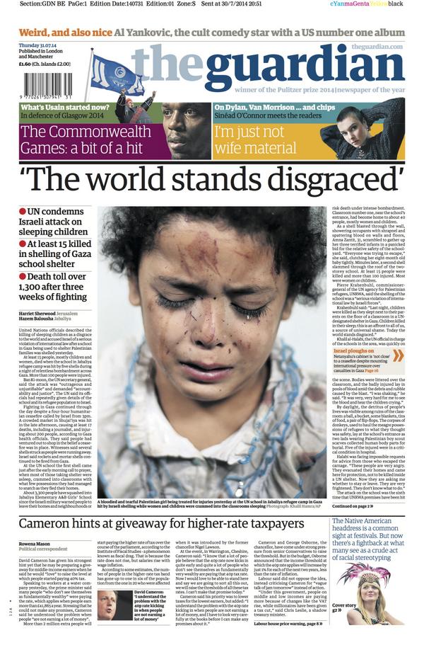 The Guardian front page, Thursday 31 July 2014: ‘The world stands disgraced’