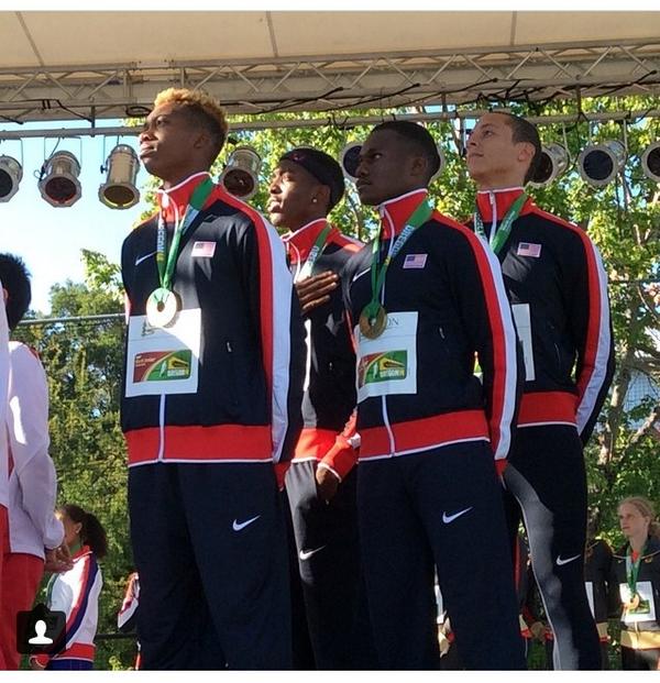 rmorgan_jr's tweet photo. Got the gold with the squad 🇺🇸@Cherry_Rus @Tyler_Brown95 #USATF #Oregon14 #wjc14 http://t.co/EuMkZC4ScA