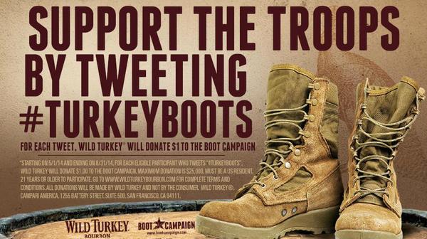 ColtonElizabeth's tweet image. For each #TurkeyBoots tweet @WildTurkey donates $1 to @bootcampaign.  Doesnt get much better than that!  Pls RT