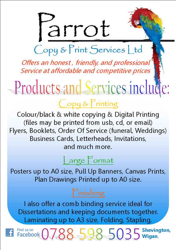 Parrotprint1's tweet photo. Will be happy to help with any of your Printing needs #wigan #print http://t.co/rWrbDzZBaP