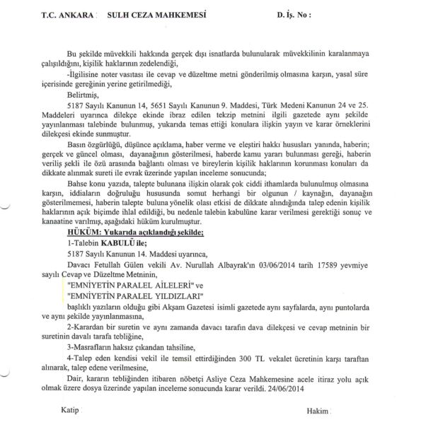 fgulenav's tweet photo. Emniyet mensuplarına itibar suikastı yapmaya yönelik "PARALEL" iddialarına ilişkin tekzip kararı bulunmaktadır. http://t.co/bqbqfRKaat