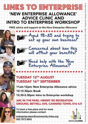 Comm_Links's tweet photo. New Enterprise Allowance Advice Clinic &amp; Introduction to Enterprise Workshop @L2Enterprise - August 12th London E16 http://t.co/wkwqgbRmHb