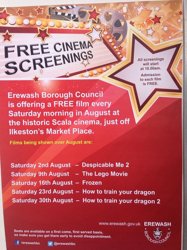 Free films on Saturdays just off Ilkeston market place ! Treat the kids for free !