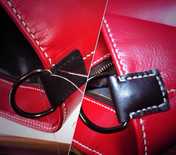 レザーマスター Twitterren 赤いレザートートバッグ ショルダー の根革 Dカンの根革を胴体に縫い付け革が何枚も重なっている部分なので 針がなかなか通らないのです 荷重が掛かる所なので二重縫い 充実感のある工程です レザーバッグの作り方 トートバッグ