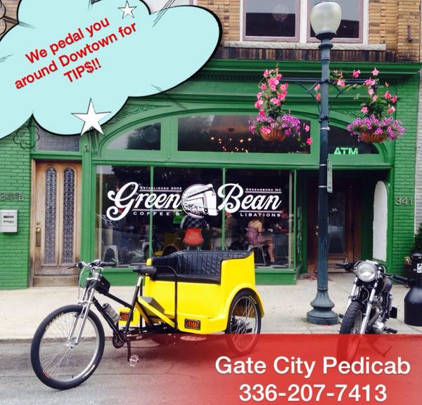 GateCityPedicab's tweet photo. Join us in @DowntownGSO and at the @GSOHoppers tonight from 6-10 and catch a ride on the #gsopedicab! http://t.co/TsaEM4CGWQ