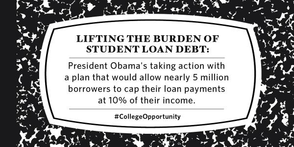 ObamaWhiteHouse's tweet photo. "We acted to give millions of Americans the chance to cap their student loan payments at 10% of their income" —Obama http://t.co/G6AWmMDQK3