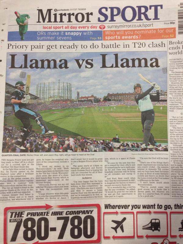 It's Llama v Llama on Saturday, when <a href="/PrioryLlamas/">Reigate Priory Cricket Club</a> duo <a href="/JasonRoy20/">Jason Roy</a> &amp; <a href="/richieoliva/">richard oliver</a> do battle. More in today's paper -