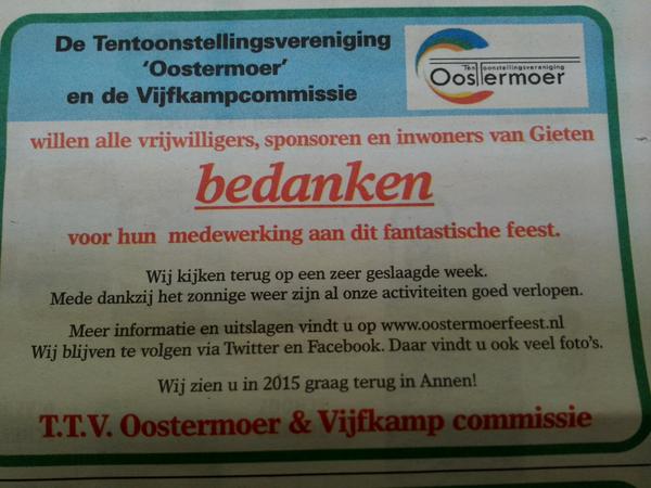 Organisatie #oostermoerfeest #Gieten dankt alle betrokkenen voor prachtige week!