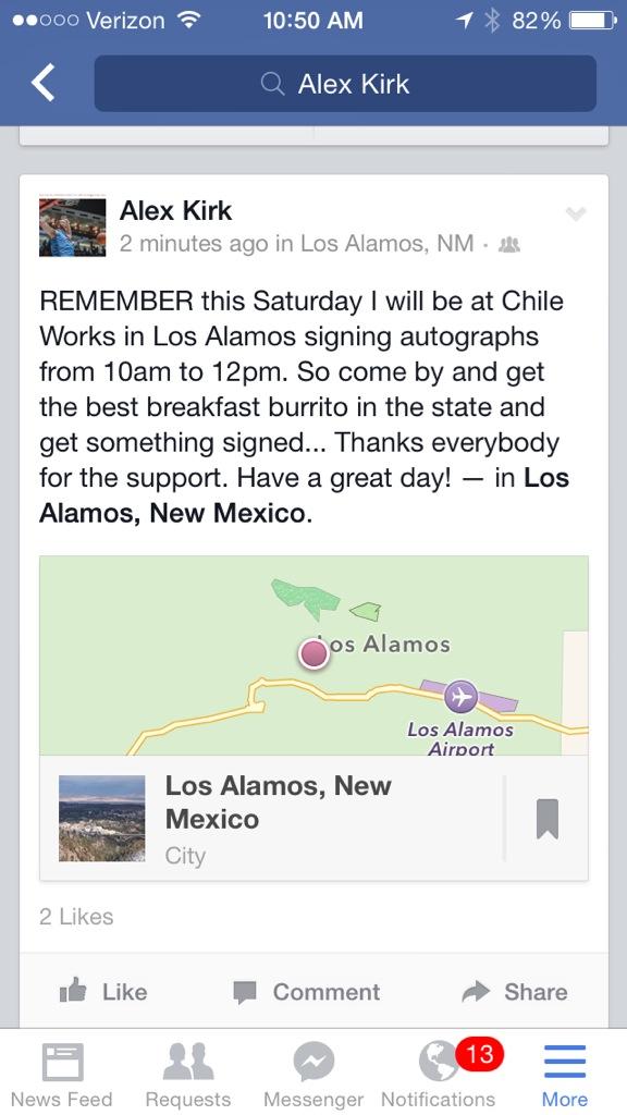 Come by chile works in Los Alamos on Saturday from 10am to 12pm and get a great burrito and an autograph... Thanks