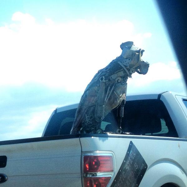 Saw this guy driving home from work, he's so cool! #SteelCreations #Dogs #DogsOfTwitter