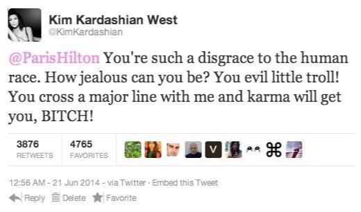 TMZCeIebrity's tweet image. Paris fires back at Kim Kardashian for a earlier tweet, Find out what Paris said: bit.ly/ParisVSKim