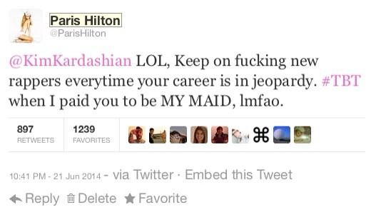 TMZCeIebrity's tweet image. Paris fires back at Kim Kardashian for a earlier tweet, Find out what Paris said: bit.ly/ParisVSKim