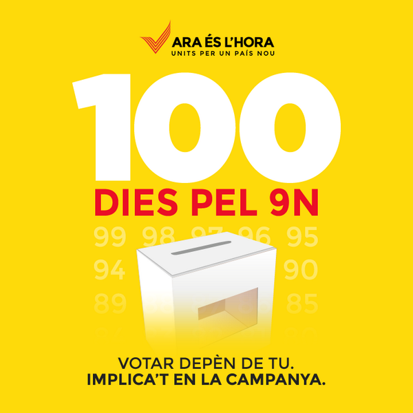 omnium's tweet photo. RT @araeslhora Queden només 100 dies x #9N2014. Votar i guanyar depèn de tu. Implica't x fer-ho possible #araéslhora! http://t.co/0oA6VDlfnf