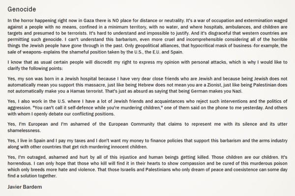 BeardedGenius's tweet photo. Wow. Javier Bardem on what's happening in Gaza. http://t.co/8WxGZKMuwn
