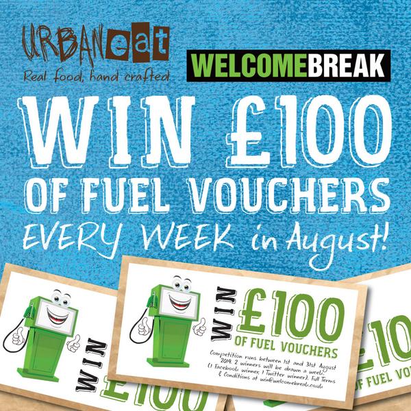 We’re giving away £100 fuel vouchers every week in August, courtesy of <a href="/urbaneat/">Urban Eat</a> ReTweet for a chance to win!” ex 7/8