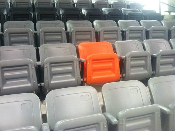 Installing the lone Orange seat <a href="/PolisseniCenter/">Polisseni Center RIT</a> in honor of Green B. Williams '78. <a href="/tomkeene/">tom keene</a> #RITnews