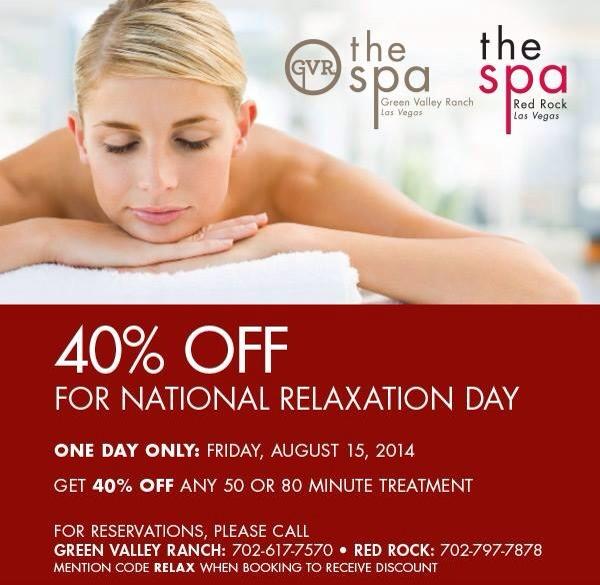 JulieCane's tweet photo. National Relaxation Day is August 15th. Reward yourself with 40% off at @redrockcasino spa &amp; @gvrcasino spa. http://t.co/VZ9VsK10Ry