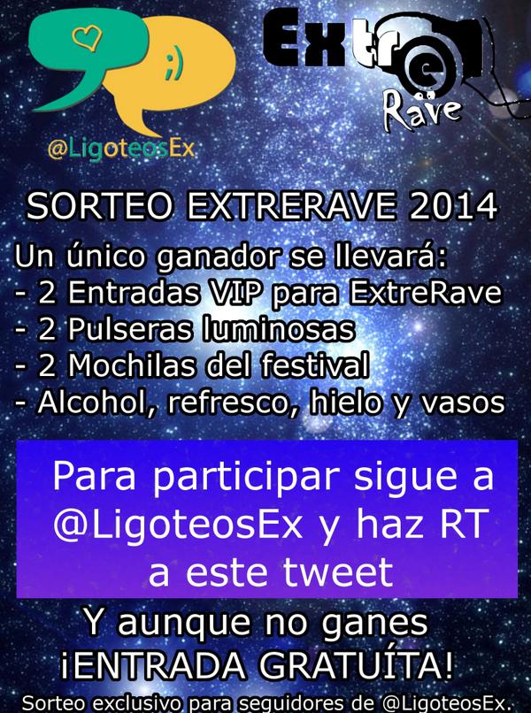 LigoteosEx's tweet photo. SORTEO: Botellón + Mochilas + Pulseras + Entradas VIP ExtreRave.
Síguenos y haz RT a este tweet antes de las 22:00h. http://t.co/4kSWHLO0ur