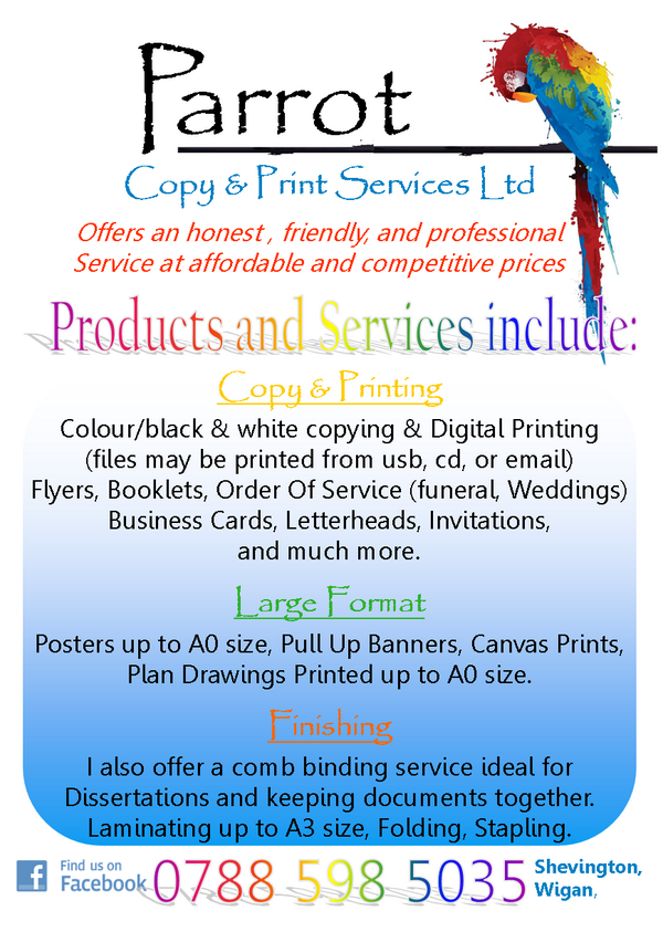 Parrotprint1's tweet photo. Happy to help with any of your Printing needs @realhollandhall @entertain_ltd @wiganleighcol @HaighHall @WiganEvents http://t.co/1jsL2KUgRd