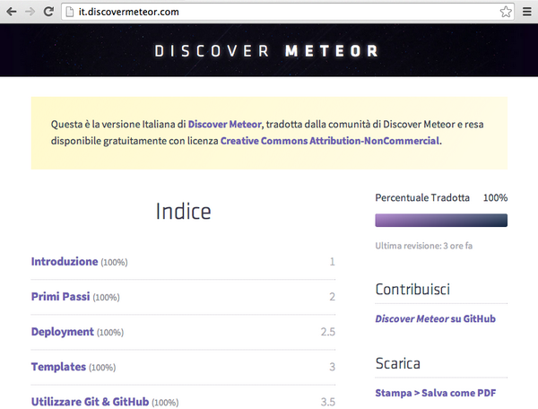 grigi0's tweet photo. Yeah, Discover Meteor in italiano è 100% http://t.co/JrB7B7Qlrl ma probabilmente da revisionare #meteorjs #meteorjsit http://t.co/lwsD7NbWWq
