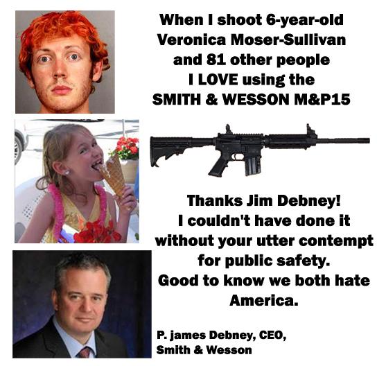 usgunviolence6's tweet image. Aurora mass shooter personally thanks James Debney, CEO, @SmithWessonCorp for enabling mass murder #gunsense  :
