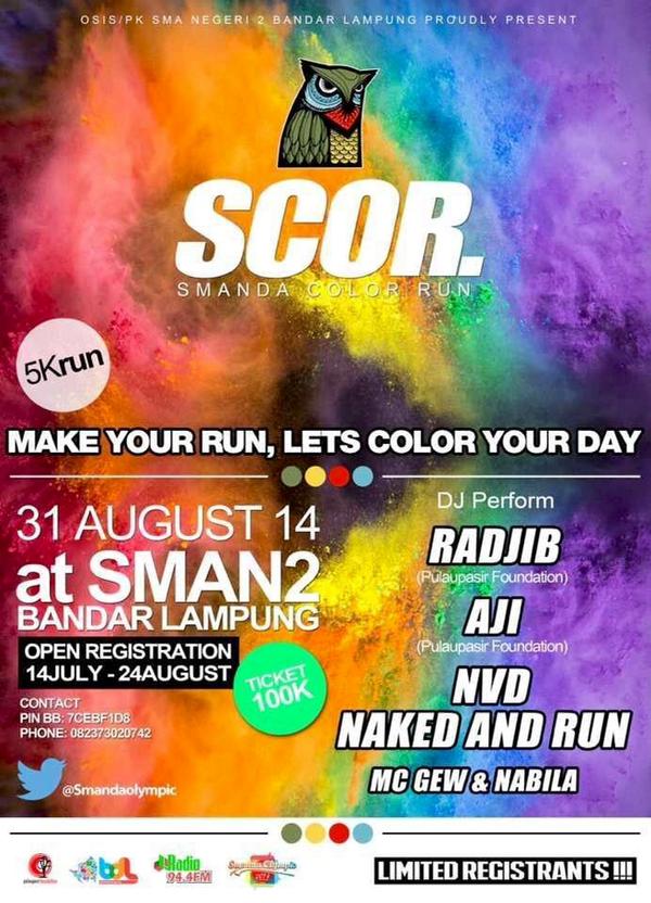 bandarlampung's tweet photo. Ayo ikutan #SCOR 31•08•14 at SMANDA! Ini acara persembahan SMAN 2 BDL penuh Warna Warni! | CP: @SmandaOlympic http://t.co/wayOJPtCe0