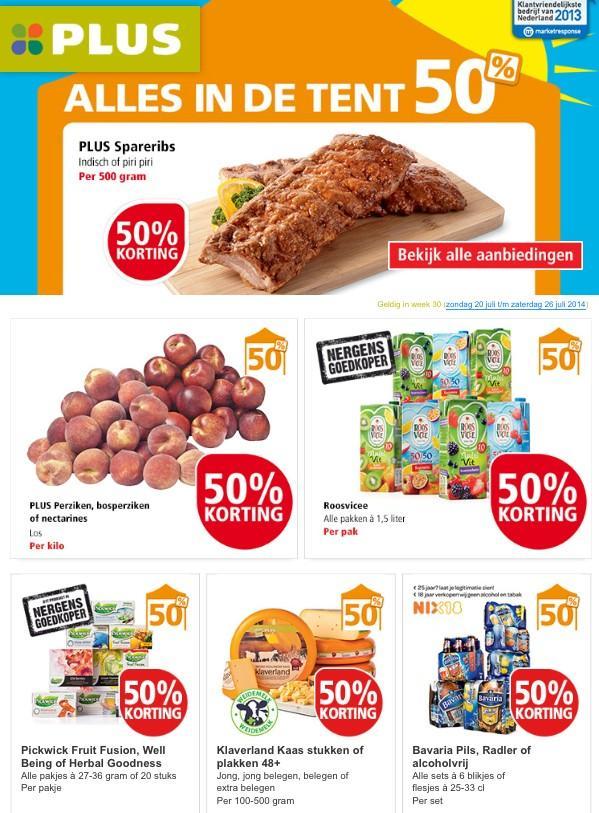 Alles in de tent 50%! Perfect voor deze vakantieweek: o.a. spareribs, perziken en Bavaria Pils &amp; Radler! #tent #zomer