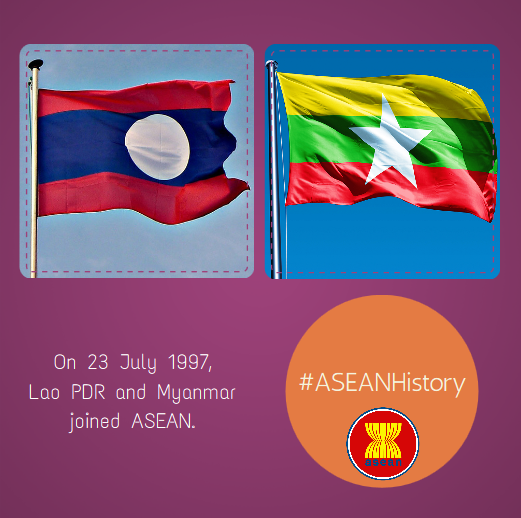 ASEAN's tweet photo. #ASEANHistory
Seventeen years ago, on 23 July 1997, Lao PDR and Myanmar joined ASEAN. http://t.co/NFHdO42fQi
