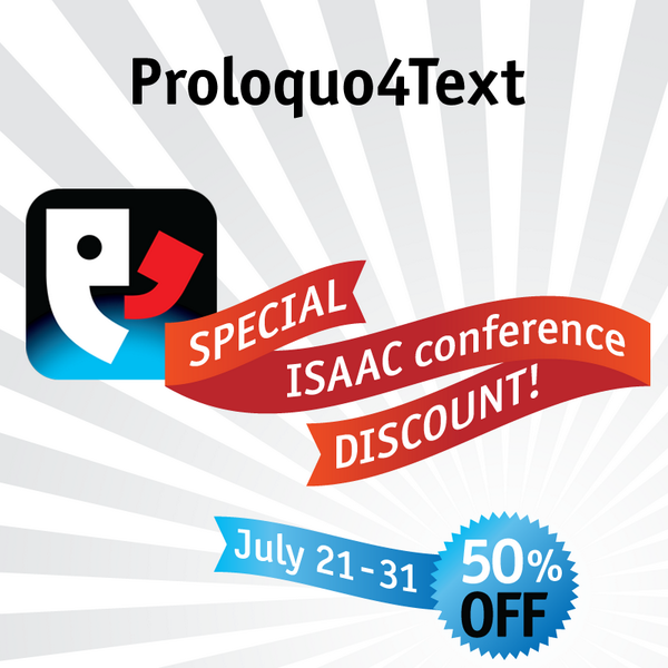AssistiveWare's tweet photo. Text-based AAC app Proloquo4Text is 50% off! Try it at AssistiveWare booth #ISAAC2014 http://t.co/XQJclewfq5 http://t.co/r5A1NFCXtS