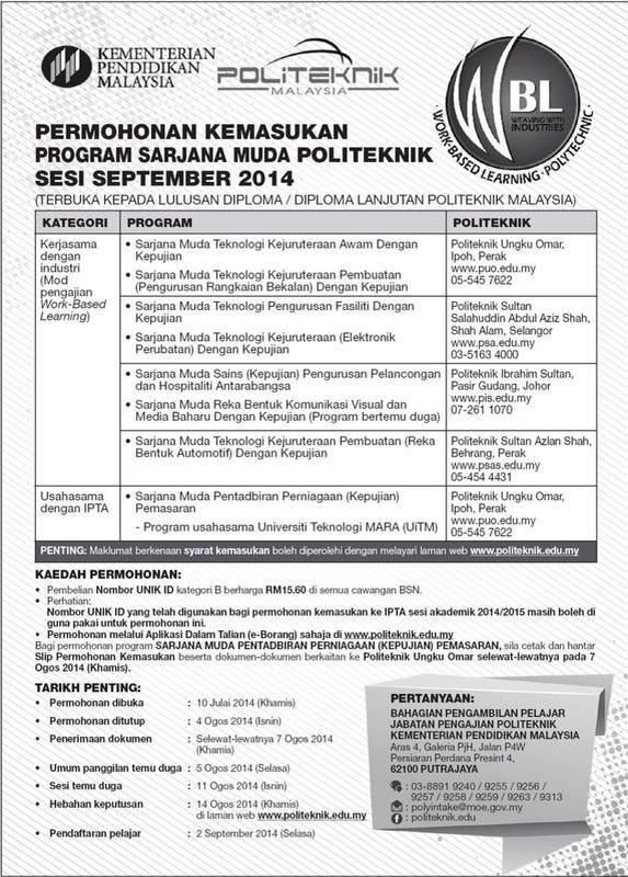 poli_psp's tweet photo. Permohonan Kemasukan Program Sarjana Muda Politeknik Sesi September 2014. #Politeknik #Permohonan #SarjanaMuda http://t.co/QCVD8HTS1a