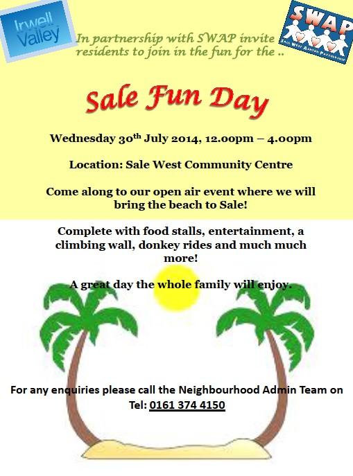 Join us for a family funday at Sale West Community Centre on Wednesday 30th July from 12 noon.