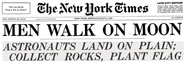 nytimes's tweet photo. 45 years ago today, we covered one small step. http://t.co/K2hqLL96bC http://t.co/T9UIs8ujYV