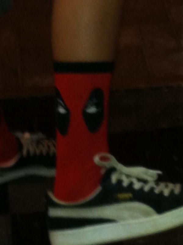 J_Fernandes15's tweet photo. Rockin' my new Deadpool socks from my @lootcrate for work today! http://t.co/Q2aMz7HFb9