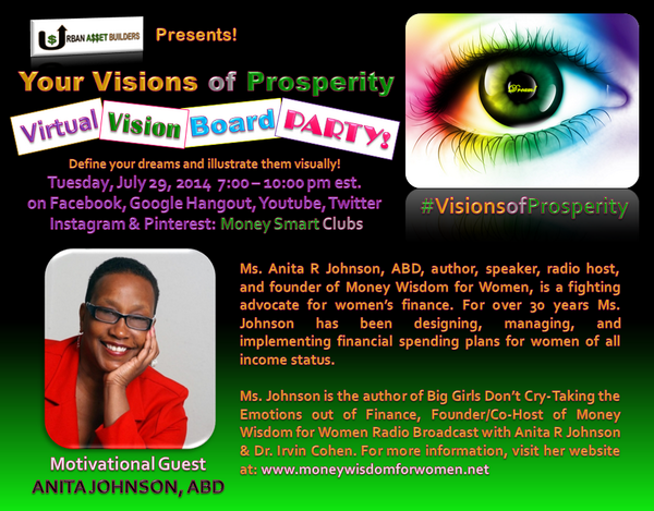 MoneySmartClubs's tweet photo. Join us and Meet Anita Johnson @monewisdomwomen 
#VisionsofProsperity #VirtualVisionBoardParty http://t.co/1tE9L9VtxB http://t.co/v6SjiQ2PrQ