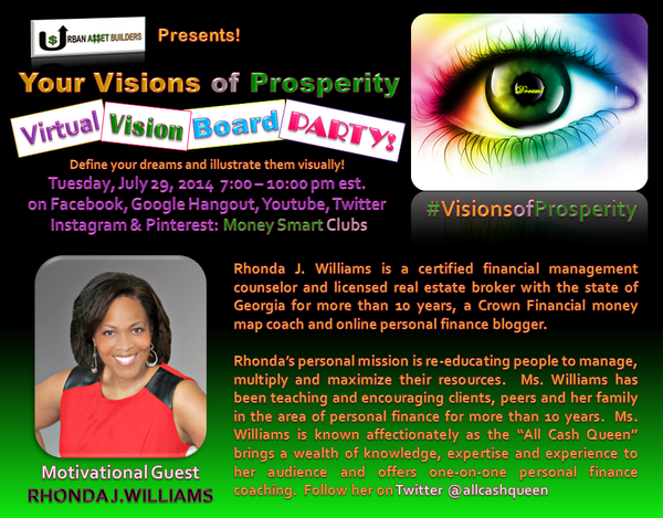 MoneySmartClubs's tweet photo. Join us and meet Rhonda Williams @allcashqueen #VisionsofProsperity #VirtualVisionBoardParty http://t.co/1tE9L9VtxB http://t.co/BABE4kQz7M