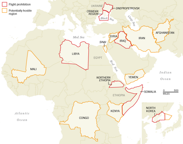 washingtonpost's tweet photo. Map: The potentially hostile airspaces American flights don't fly through http://t.co/PG1jS6TNwP http://t.co/01U7AAqhe4