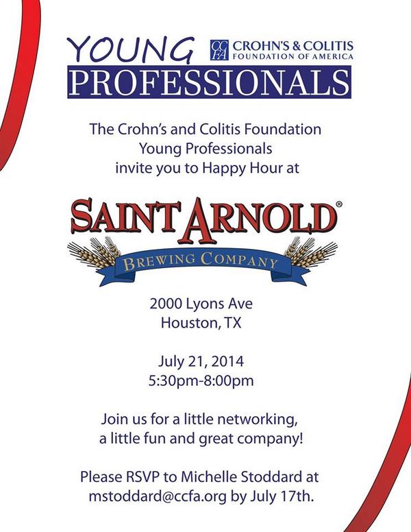 CCFAYP's tweet photo. Our monthly Young Professionals Happy Hour at Saint Arnold's is tonight! Please RSVP to mstoddard@ccfa.org. http://t.co/HOYj6yaZRc