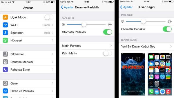iPhonedoTR's tweet photo. #iOS8Beta4 duvar kağıdı ve parlaklık ayrılmış, metin puntosu, kalın metin, bıçkın metin, sapkın metin ayarı gelmiş http://t.co/SubbZMwI2g