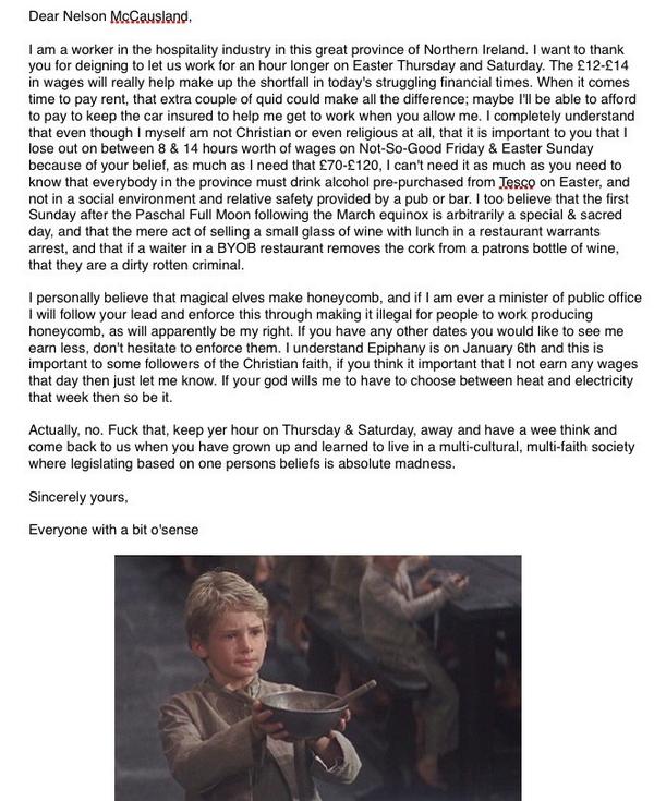 <a href="/NewtonEmerson/">Newton Emerson</a> open letter 2#BlameNelson he'll give pubs an hour on 2days. Tell him2shove his hour. Fairness or bust